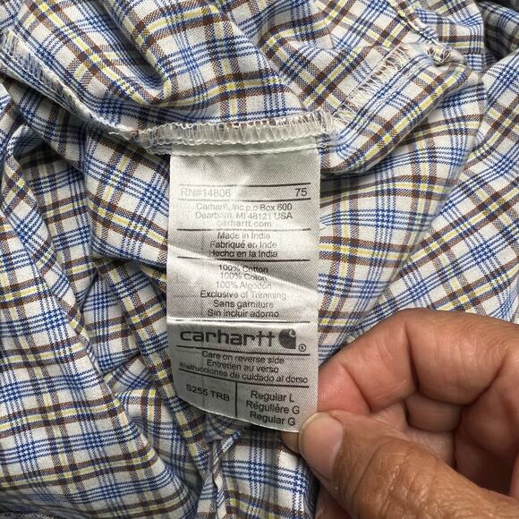 Carhartt Button Front Blue Brown Plaid 100% Cotton Long Sleeve Shirt Size Large - Picture 5 of 5